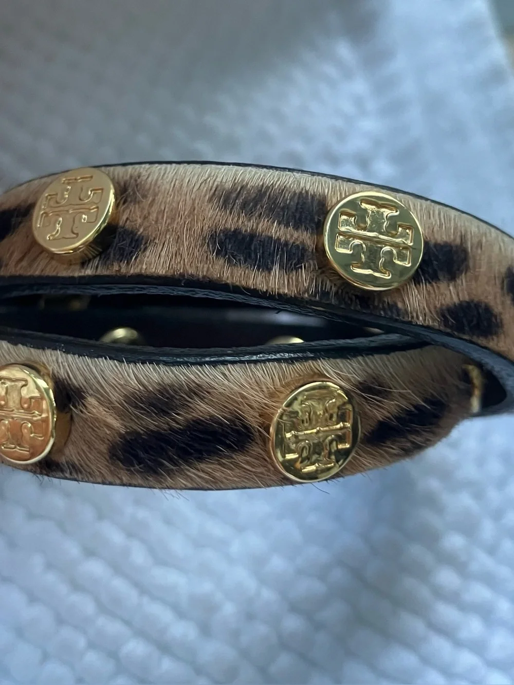Tory Burch Leopard-Print Wrap Bracelet with Gold Logo Studs
